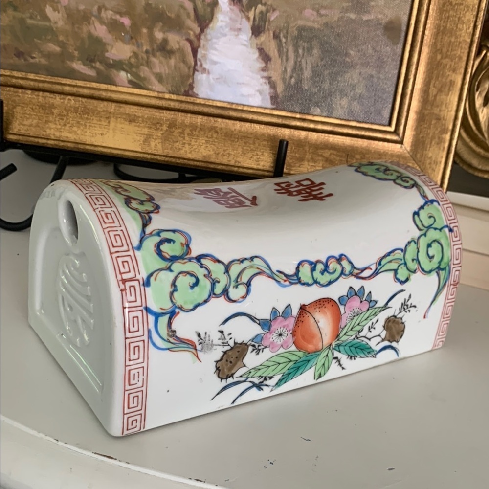 Chinoiserie decor vintage floral headrest or pillow, longevity" and "scholar"